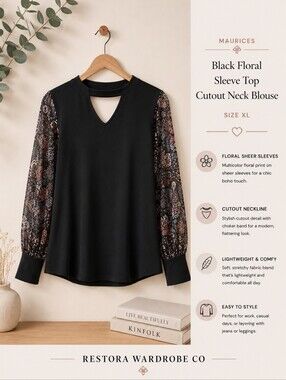 Maurices Black Floral Sleeve Top XL Cutout Neck Boho Blouse
